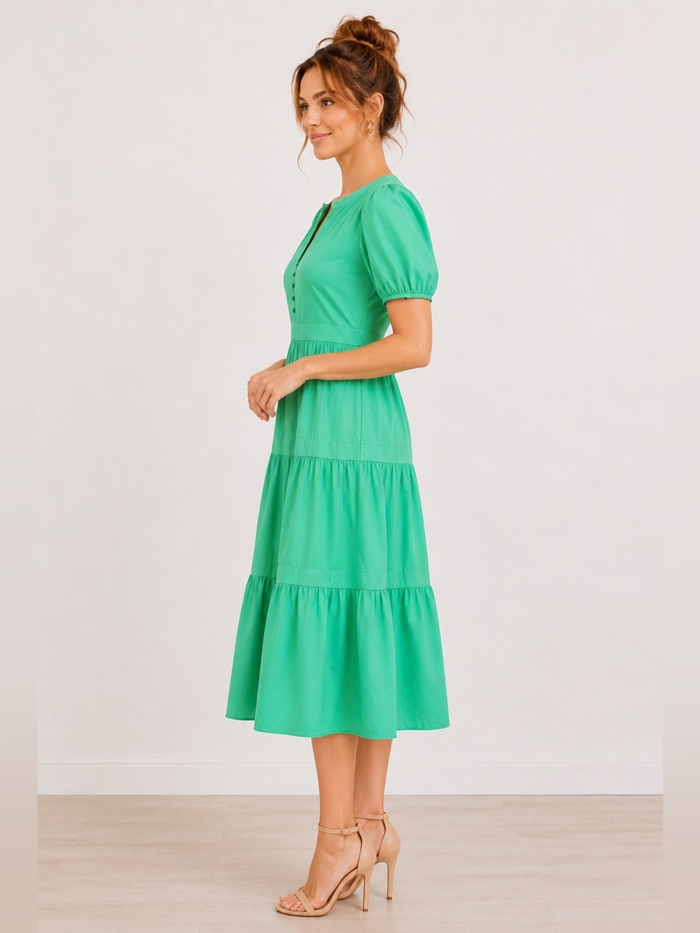 LOFT Tiered Puff Sleeve Midi Dress in Kelly Green Size 12 - Picture 10 of 15